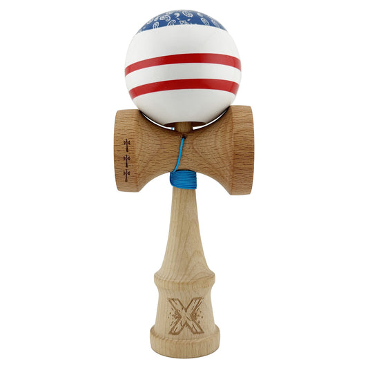 Kendama X CHICANOS Originala, Profesionala, Klevo, Big Cups V2, Super Sticky cu Cupe Mari, Rulment Metalic, din lemn 18 cm, Ata 55 cm, Albastru/Alb