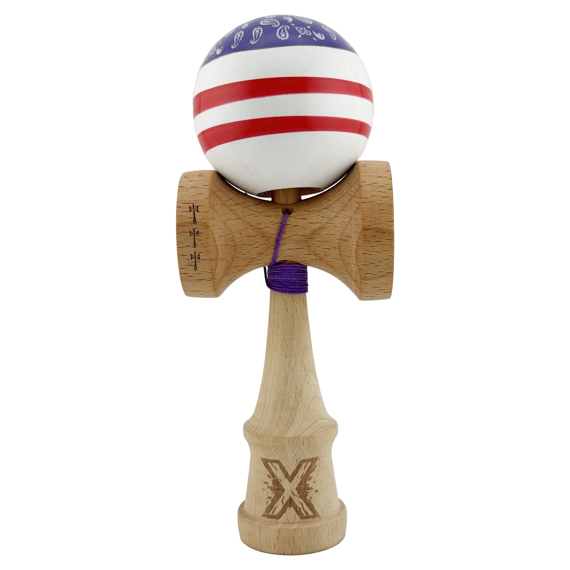 Kendama X CHICANOS Originala, Profesionala, Klevo, Big Cups V2, Super Sticky cu Cupe Mari, Rulment Metalic, din lemn 18 cm, Ata 55 cm, Violet/Alb