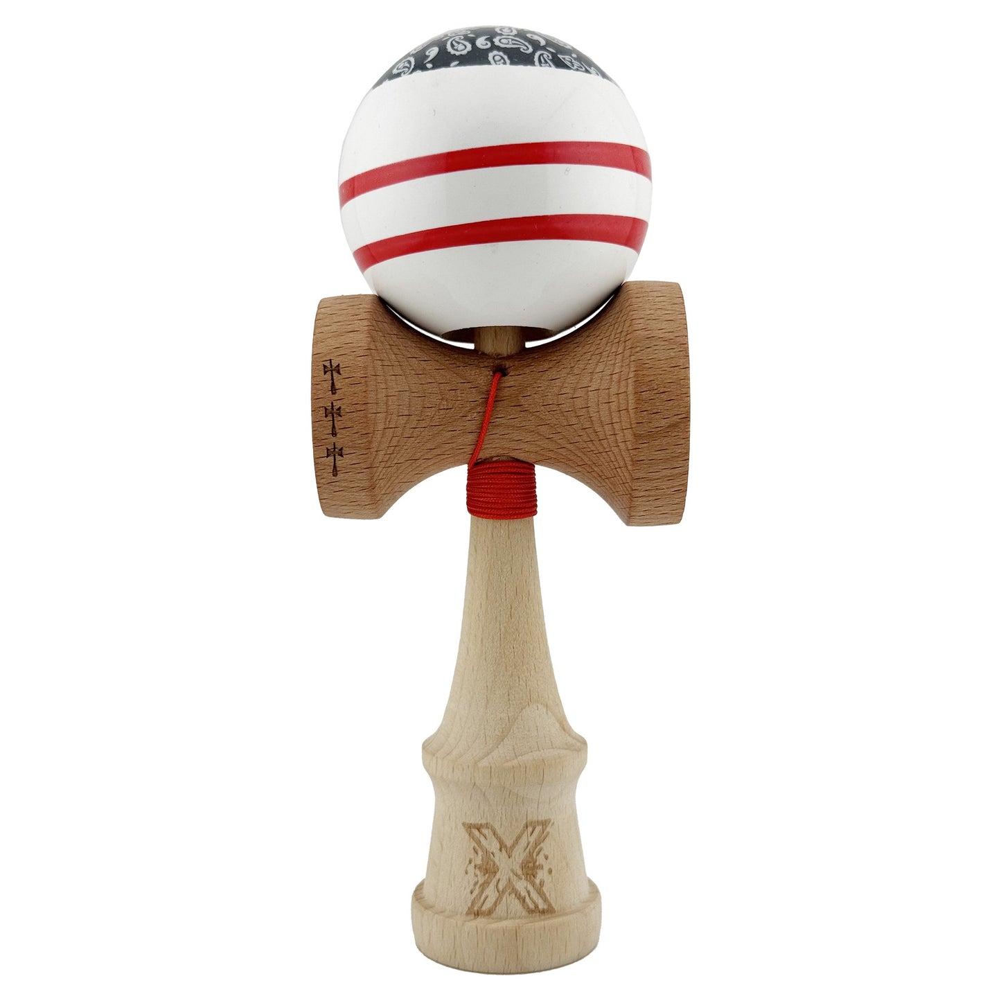 Kendama X CHICANOS Originala, Profesionala, Klevo, Big Cups V2, Super Sticky cu Cupe Mari, Rulment Metalic, din lemn 18 cm, Ata 55 cm, Negru/Alb