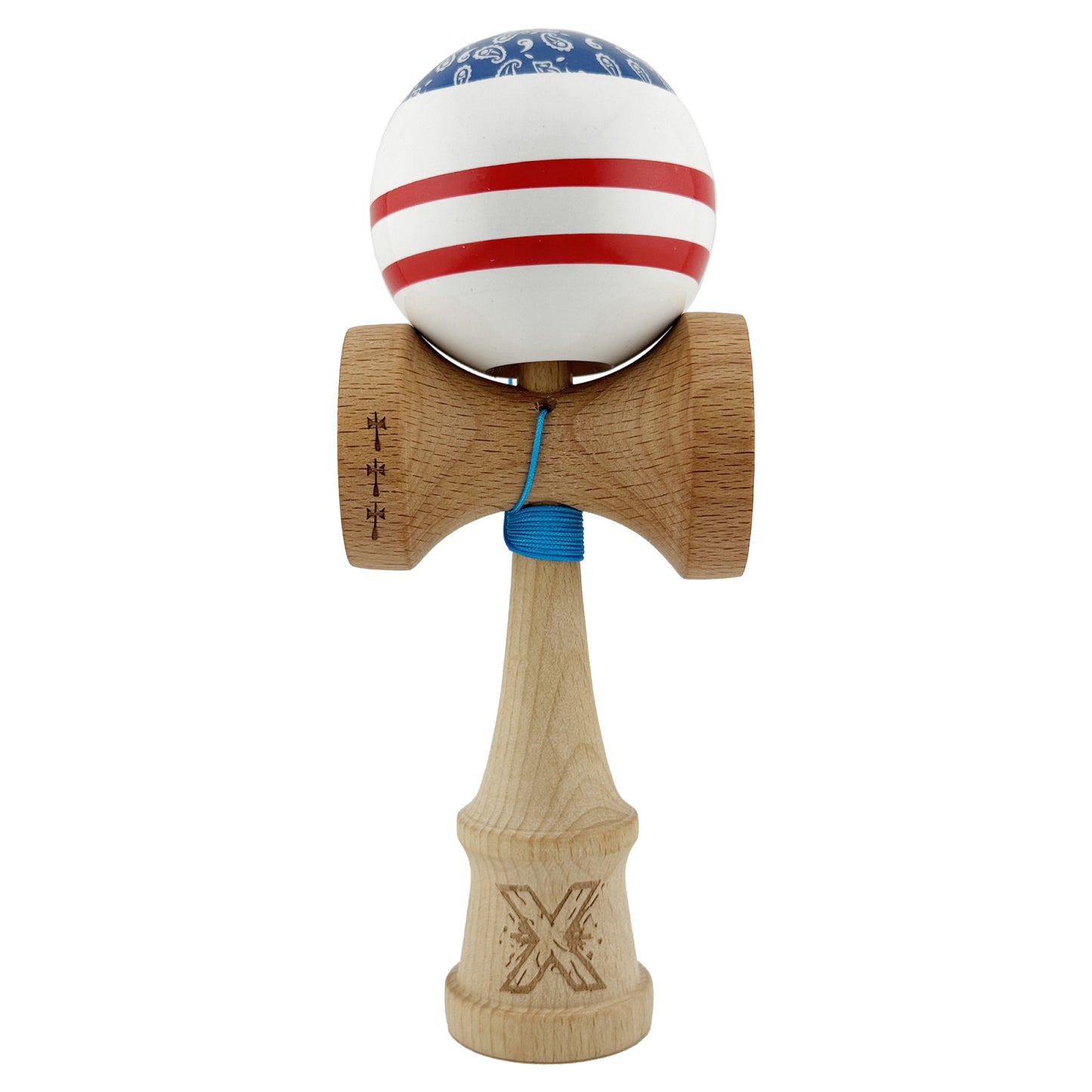 Kendama X CHICANOS Originala, Profesionala, Klevo, Big Cups V2, Super Sticky cu Cupe Mari, Rulment Metalic, din lemn 18 cm, Ata 55 cm, Albastru/Alb