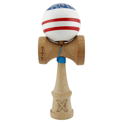Kendama X CHICANOS Originala, Profesionala, Klevo, Big Cups V2, Super Sticky cu Cupe Mari, Rulment Metalic, din lemn 18 cm, Ata 55 cm, Albastru/Alb