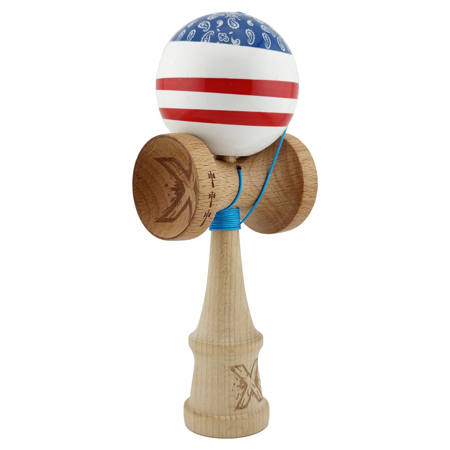 Kendama X CHICANOS Originala, Profesionala, Klevo, Big Cups V2, Super Sticky cu Cupe Mari, Rulment Metalic, din lemn 18 cm, Ata 55 cm, Albastru/Alb