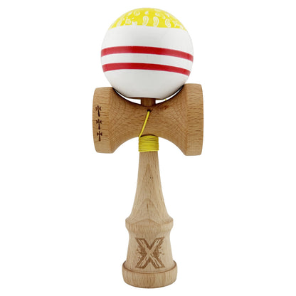 Kendama X CHICANOS Originala, Profesionala, Klevo, Big Cups V2, Super Sticky cu Cupe Mari, Rulment Metalic, din lemn 18 cm, Ata 55 cm, Auriu/Alb