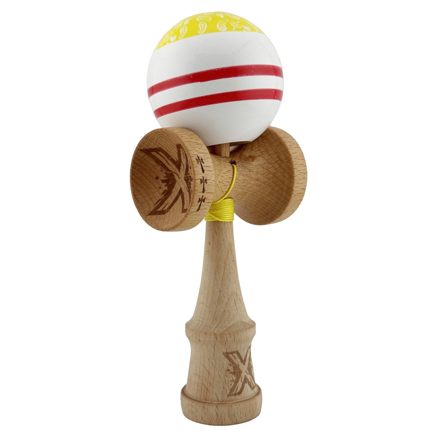 Kendama X CHICANOS Originala, Profesionala, Klevo, Big Cups V2, Super Sticky cu Cupe Mari, Rulment Metalic, din lemn 18 cm, Ata 55 cm, Auriu/Alb