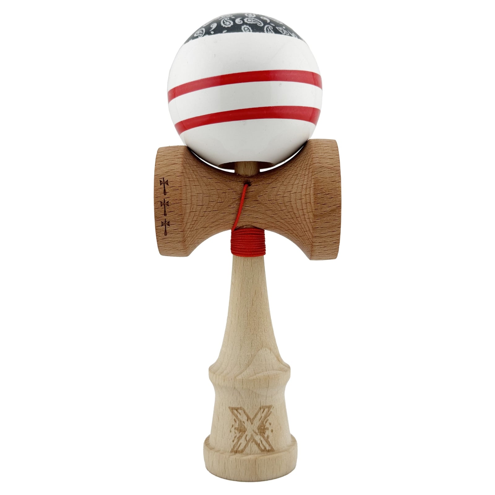 Kendama X CHICANOS Originala, Profesionala, Klevo, Big Cups V2, Super Sticky cu Cupe Mari, Rulment Metalic, din lemn 18 cm, Ata 55 cm, Negru/Alb