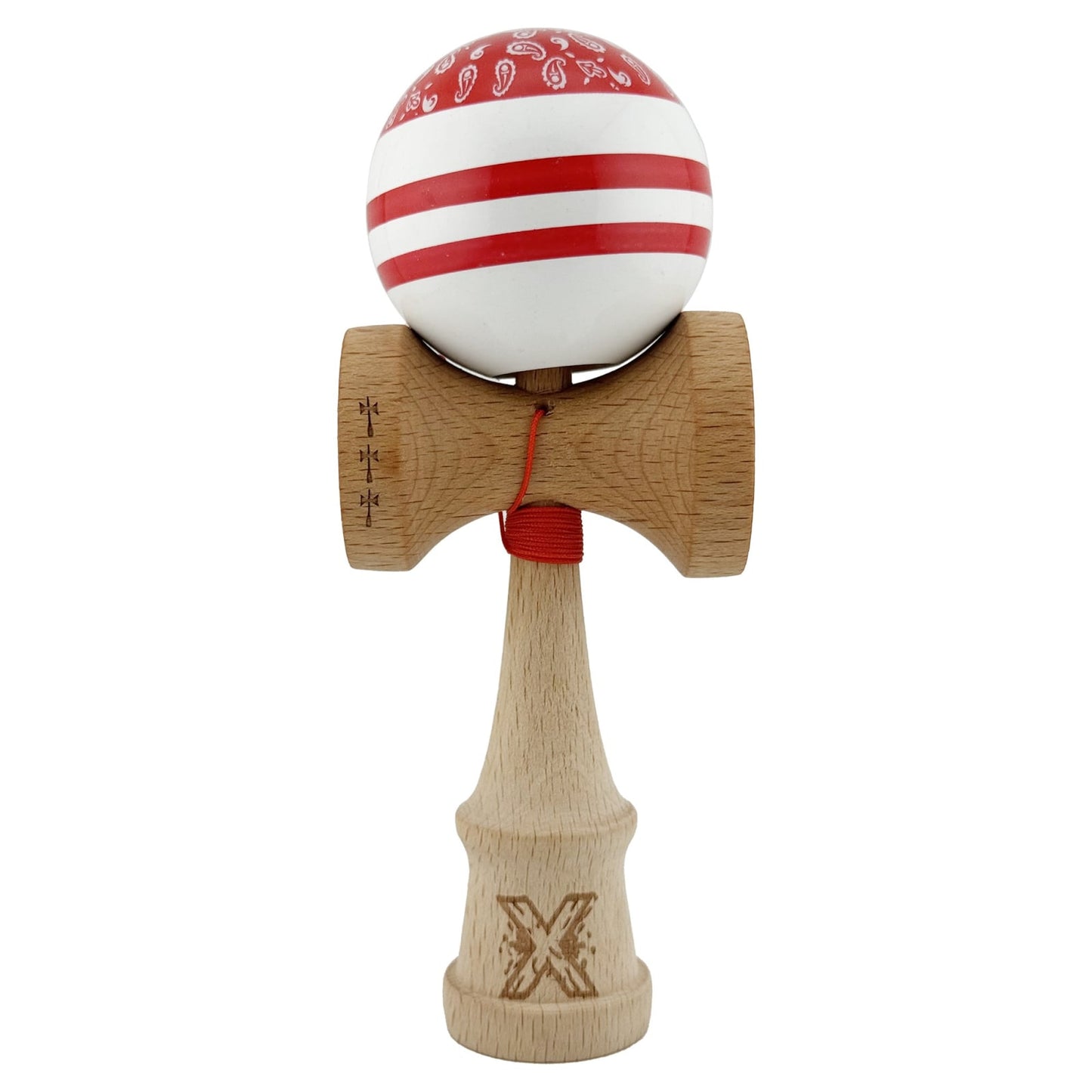 Kendama X CHICANOS Originala, Profesionala, Klevo, Big Cups V2, Super Sticky cu Cupe Mari, Rulment Metalic, din lemn 18 cm, Ata 55 cm, Rosu/Alb