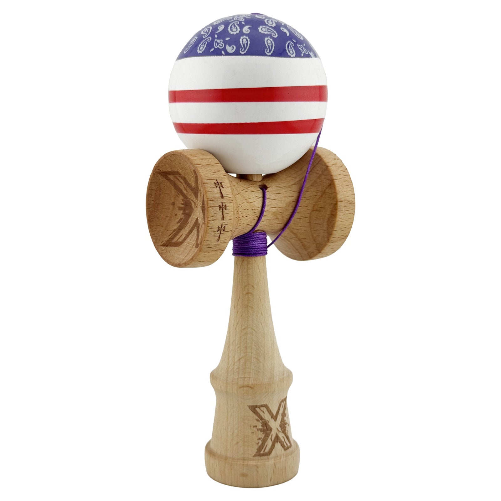 Kendama X CHICANOS Originala, Profesionala, Klevo, Big Cups V2, Super Sticky cu Cupe Mari, Rulment Metalic, din lemn 18 cm, Ata 55 cm, Violet/Alb