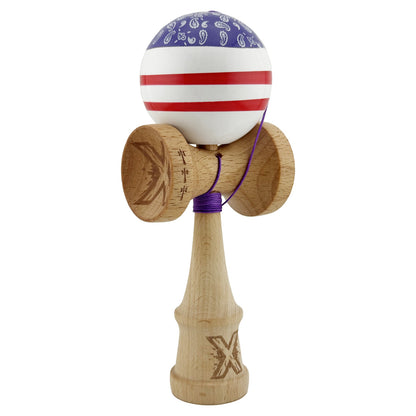 Kendama X CHICANOS Originala, Profesionala, Klevo, Big Cups V2, Super Sticky cu Cupe Mari, Rulment Metalic, din lemn 18 cm, Ata 55 cm, Violet/Alb
