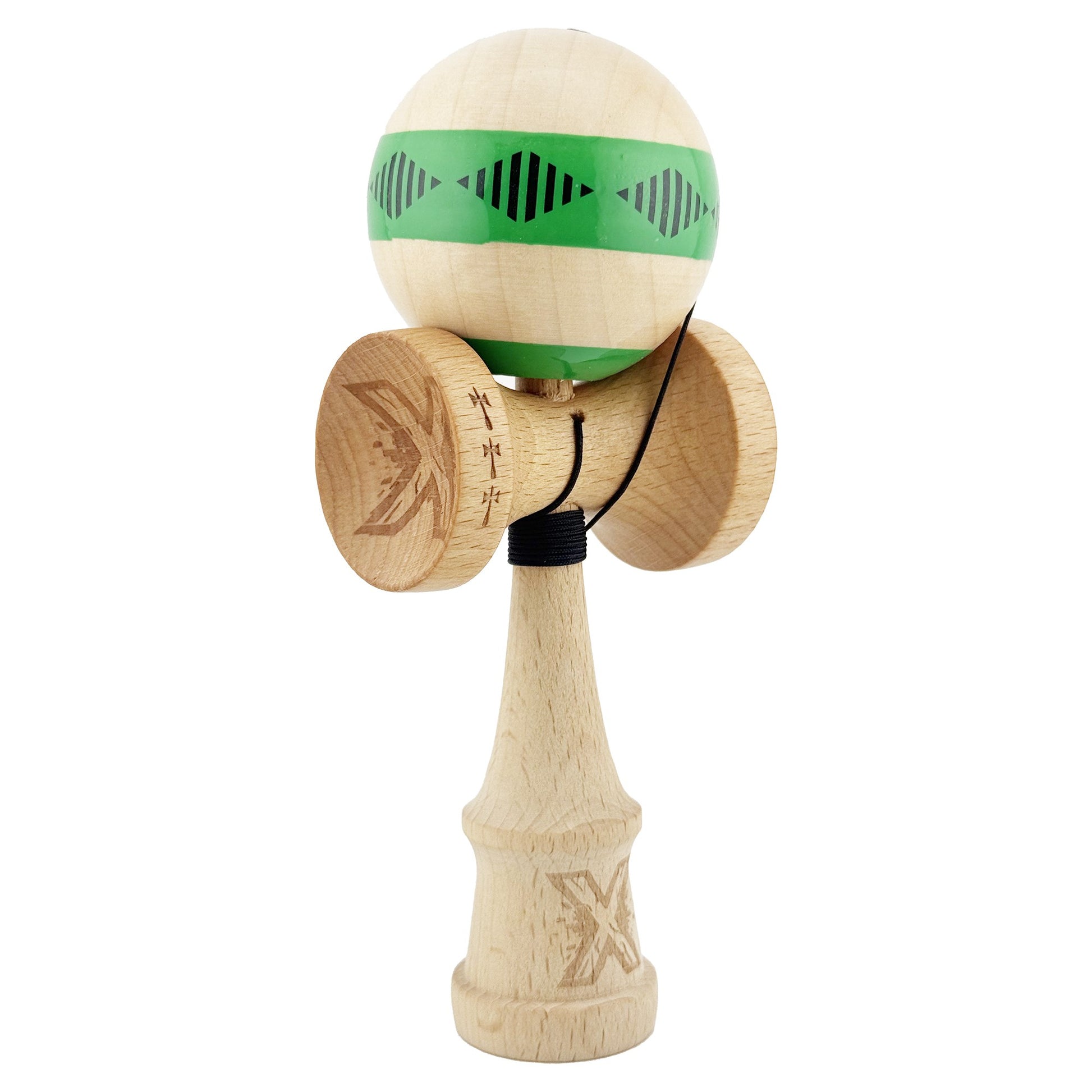 Kendama X FREQUENCY Originala, Profesionala, Klevo, Big Cups V2, Super Sticky cu Cupe Mari, Rulment Metalic, din lemn 18 cm, Ata 55 cm, Verde/Maro