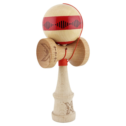Kendama X FREQUENCY Originala, Profesionala, Klevo, Big Cups V2, Super Sticky cu Cupe Mari, Rulment Metalic, din lemn 18 cm, Ata 55 cm, Rosu/Maro