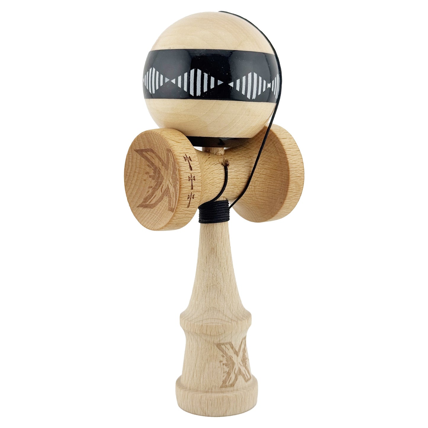 Kendama X FREQUENCY Originala, Profesionala, Klevo, Big Cups V2, Super Sticky cu Cupe Mari, Rulment Metalic, din lemn 18 cm, Ata 55 cm, Negru/Maro