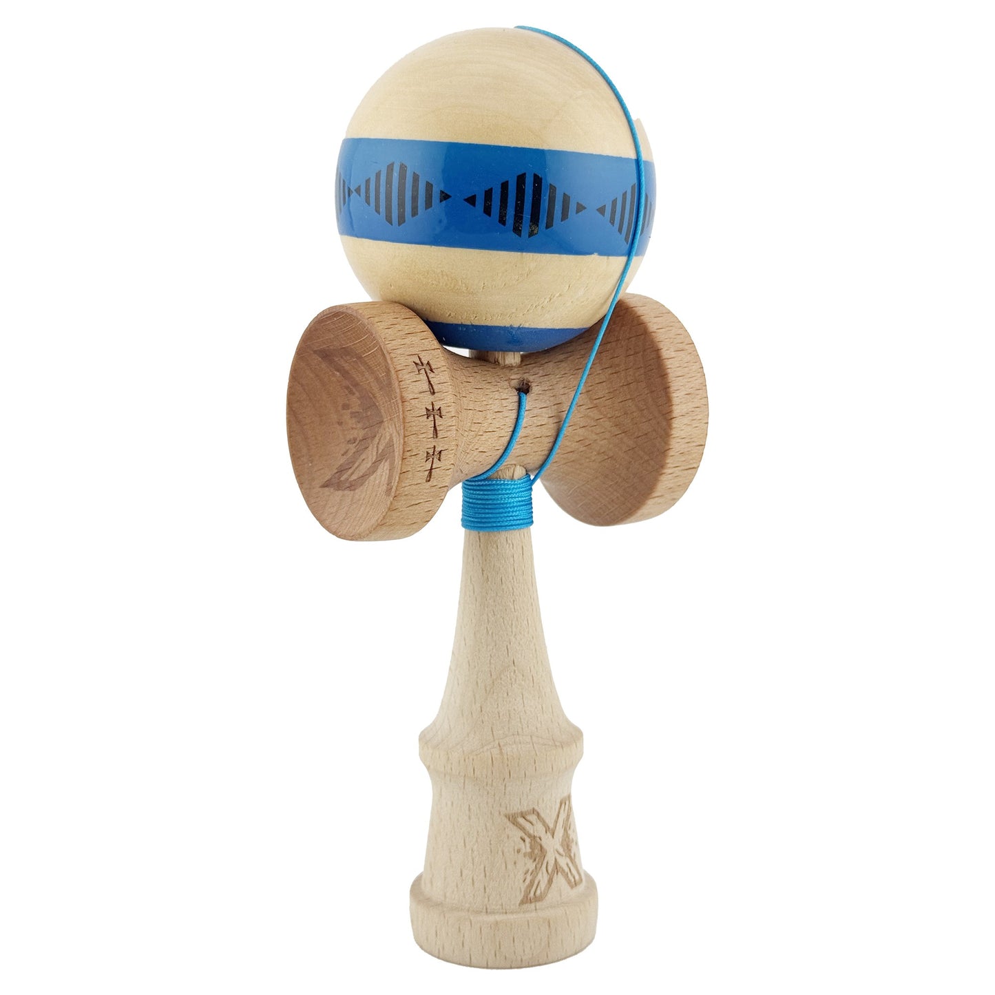 Kendama X FREQUENCY Originala, Profesionala, Klevo, Big Cups V2, Super Sticky cu Cupe Mari, Rulment Metalic, din lemn 18 cm, Ata 55 cm, Albastru/Maro