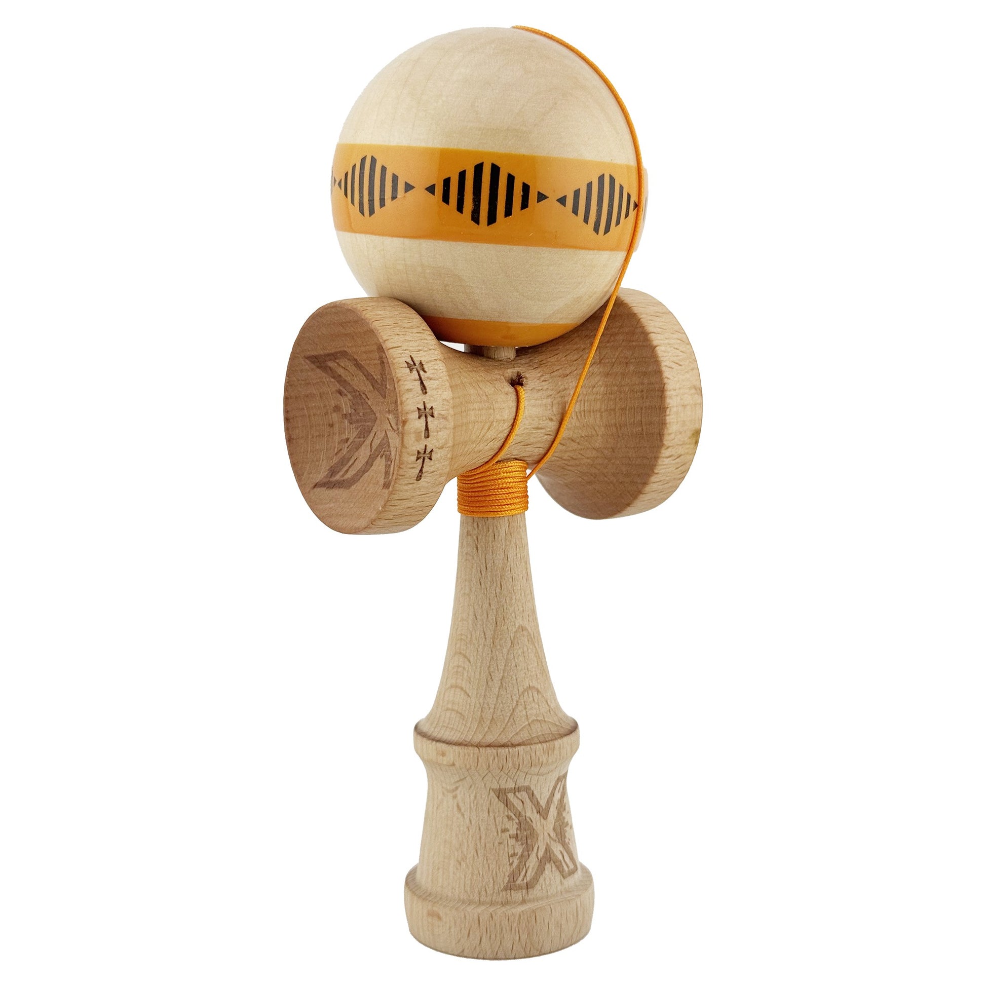 Kendama X FREQUENCY Originala, Profesionala, Klevo, Big Cups V2, Super Sticky cu Cupe Mari, Rulment Metalic, din lemn 18 cm, Ata 55 cm, Portocaliu/Maro