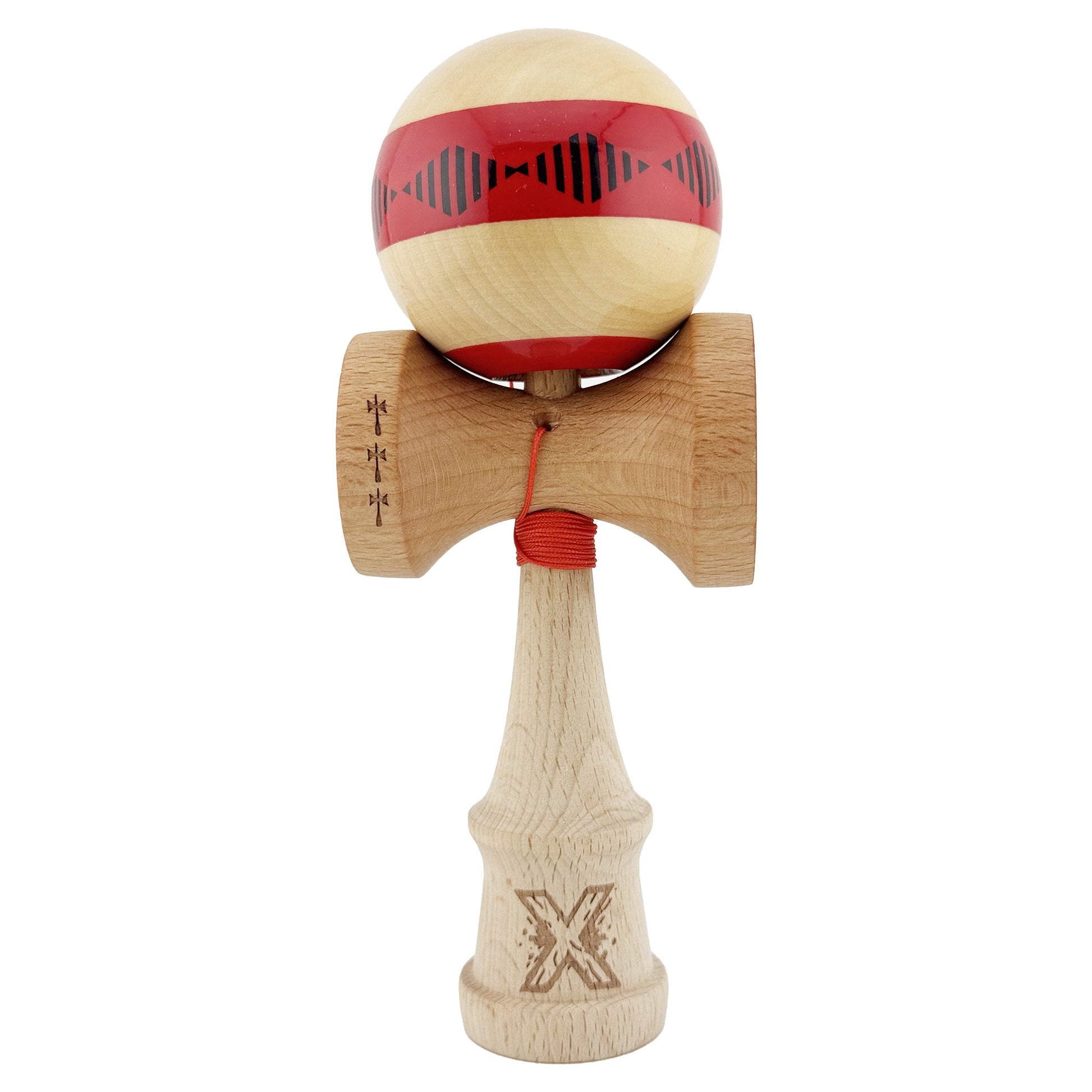 Kendama X FREQUENCY Originala, Profesionala, Klevo, Big Cups V2, Super Sticky cu Cupe Mari, Rulment Metalic, din lemn 18 cm, Ata 55 cm, Rosu/Maro