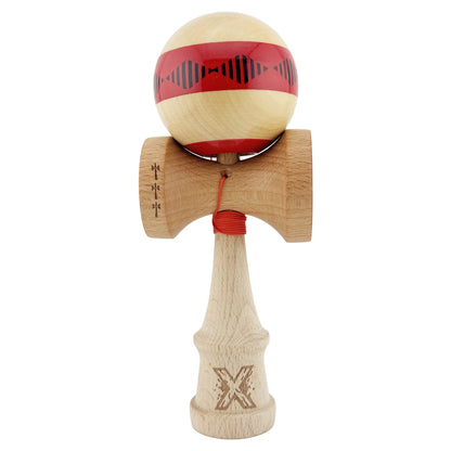 Kendama X FREQUENCY Originala, Profesionala, Klevo, Big Cups V2, Super Sticky cu Cupe Mari, Rulment Metalic, din lemn 18 cm, Ata 55 cm, Rosu/Maro