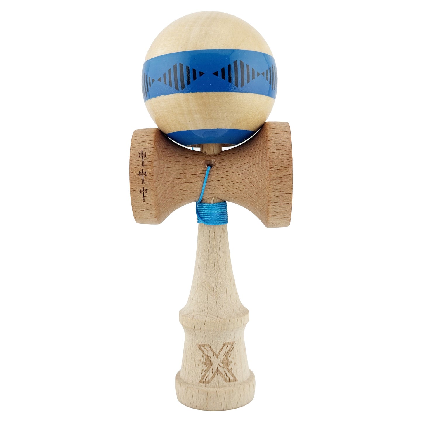 Kendama X FREQUENCY Originala, Profesionala, Klevo, Big Cups V2, Super Sticky cu Cupe Mari, Rulment Metalic, din lemn 18 cm, Ata 55 cm, Albastru/Maro