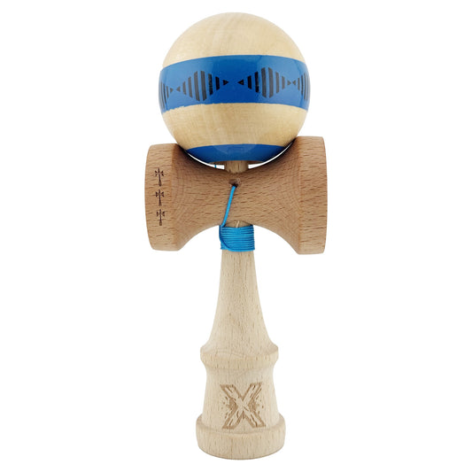 Kendama X FREQUENCY Originala, Profesionala, Klevo, Big Cups V2, Super Sticky cu Cupe Mari, Rulment Metalic, din lemn 18 cm, Ata 55 cm, Albastru/Maro