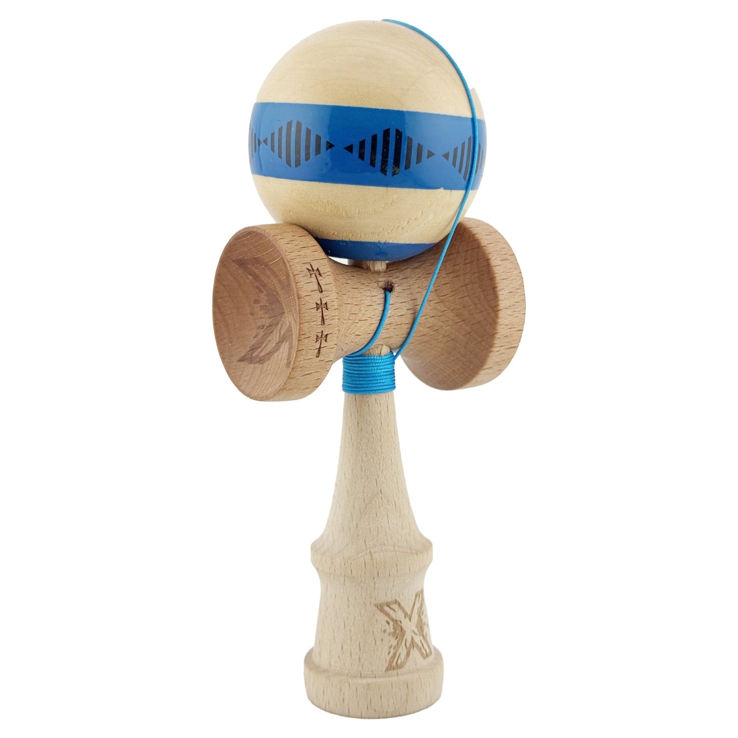 Kendama X FREQUENCY Originala, Profesionala, Klevo, Big Cups V2, Super Sticky cu Cupe Mari, Rulment Metalic, din lemn 18 cm, Ata 55 cm, Albastru/Maro