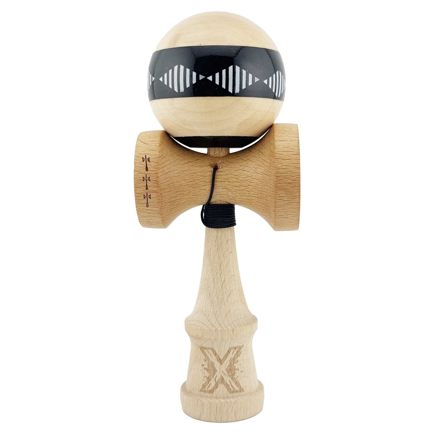 Kendama X FREQUENCY Originala, Profesionala, Klevo, Big Cups V2, Super Sticky cu Cupe Mari, Rulment Metalic, din lemn 18 cm, Ata 55 cm, Negru/Maro