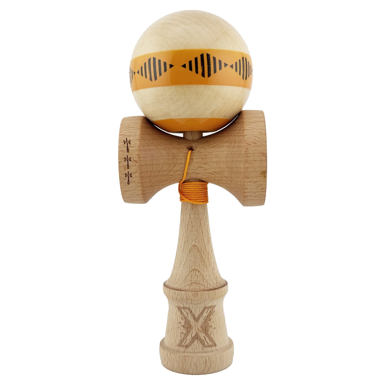Kendama X FREQUENCY Originala, Profesionala, Klevo, Big Cups V2, Super Sticky cu Cupe Mari, Rulment Metalic, din lemn 18 cm, Ata 55 cm, Portocaliu/Maro