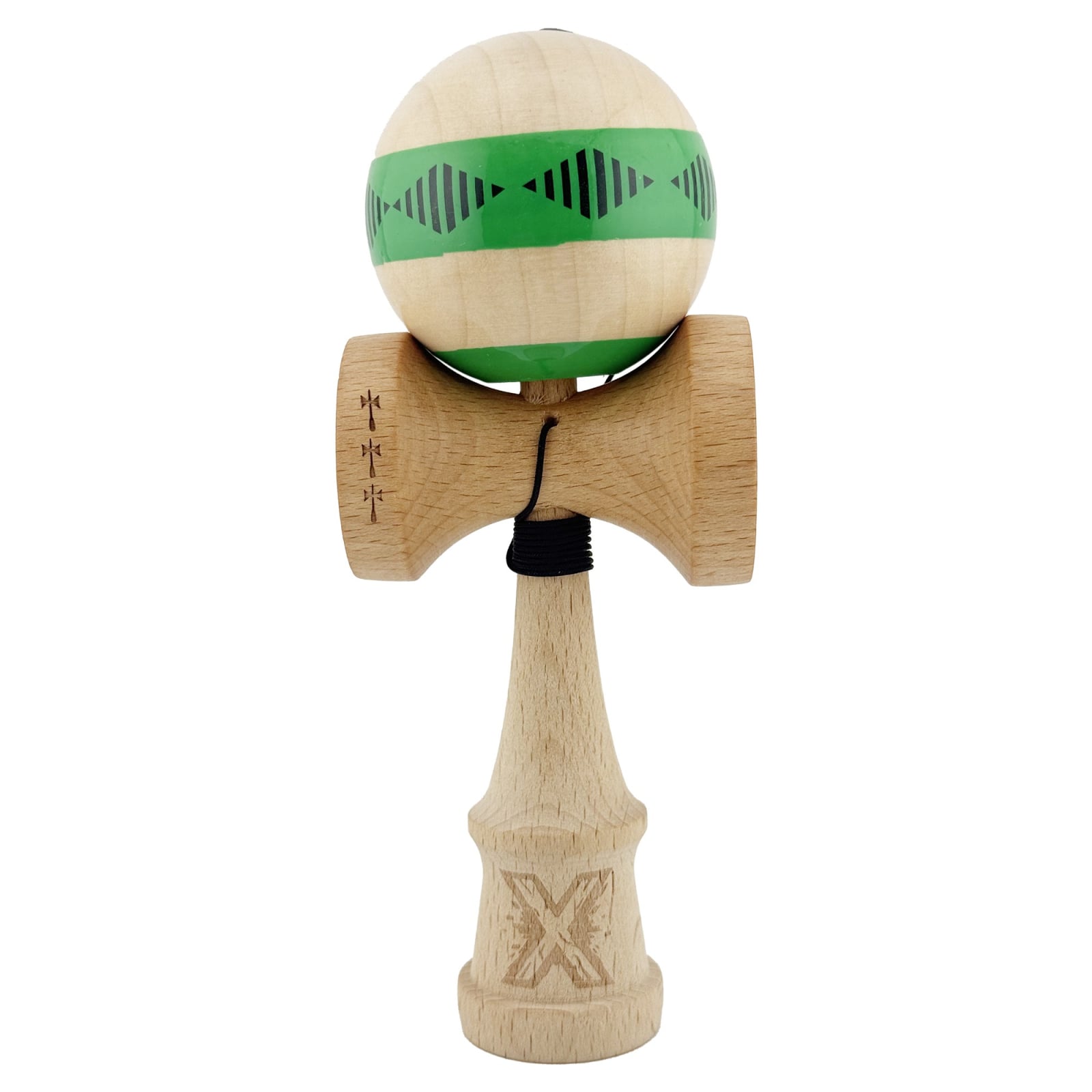 Kendama X FREQUENCY Originala, Profesionala, Klevo, Big Cups V2, Super Sticky cu Cupe Mari, Rulment Metalic, din lemn 18 cm, Ata 55 cm, Verde/Maro