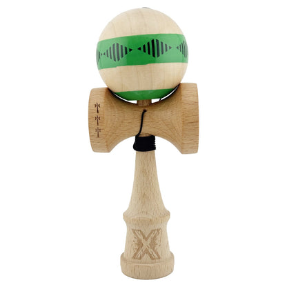 Kendama X FREQUENCY Originala, Profesionala, Klevo, Big Cups V2, Super Sticky cu Cupe Mari, Rulment Metalic, din lemn 18 cm, Ata 55 cm, Verde/Maro