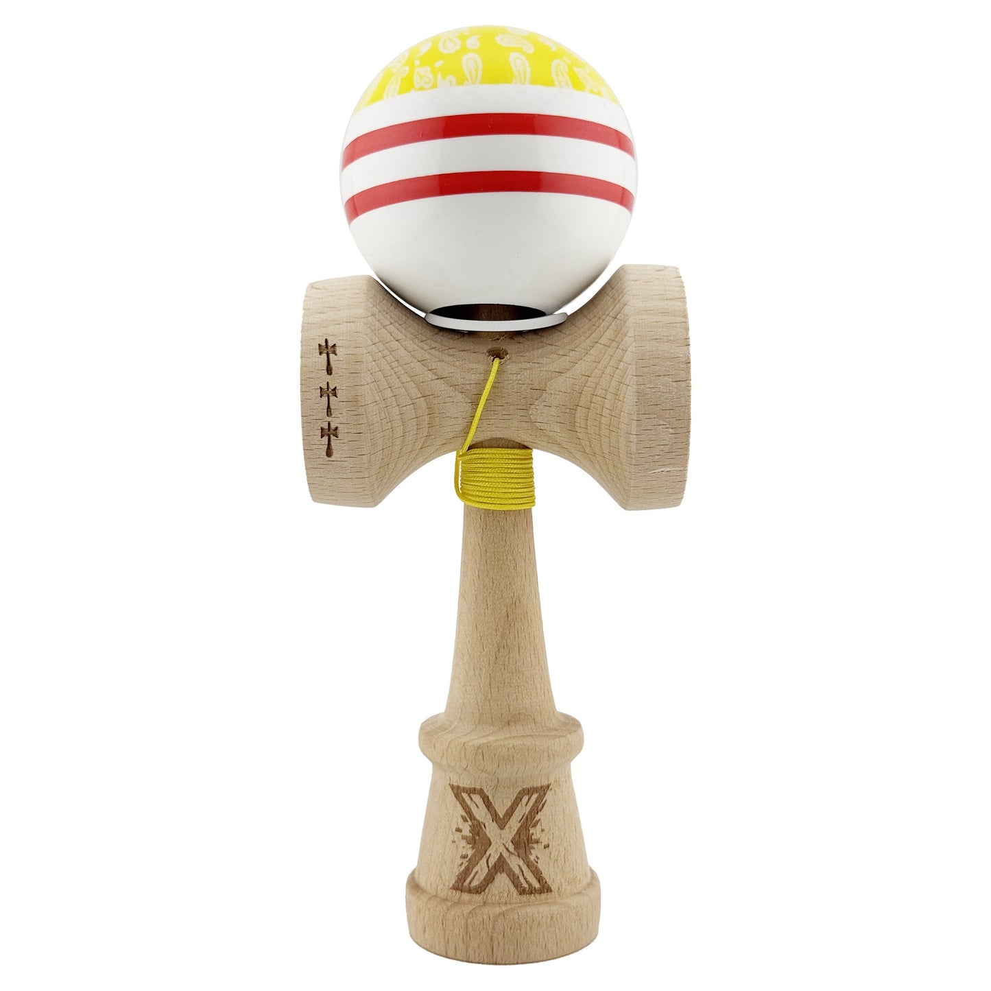 Kendama X Originala CHICANOS, Profesionala, Klevo, Cupe Mari KING SIZE V3, Super Sticky, Gaura in Baza, Rulment Metalic, din lemn 18 cm, Ata 62/65 cm, Galben/Alb