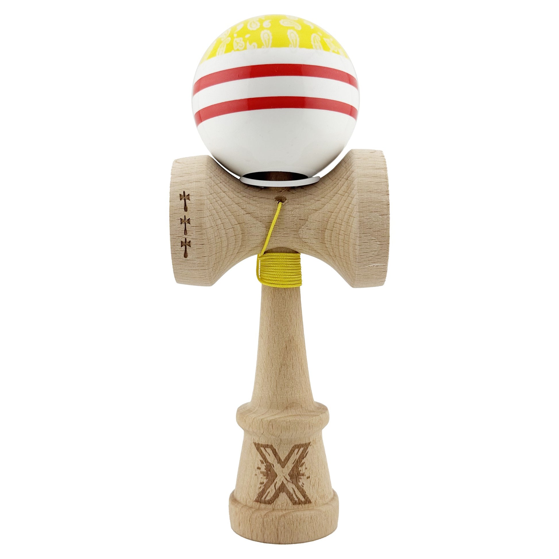 Kendama X Originala CHICANOS, Profesionala, Klevo, Cupe Mari KING SIZE V3, Super Sticky, Gaura in Baza, Rulment Metalic, din lemn 18 cm, Ata 62/65 cm, Galben/Alb