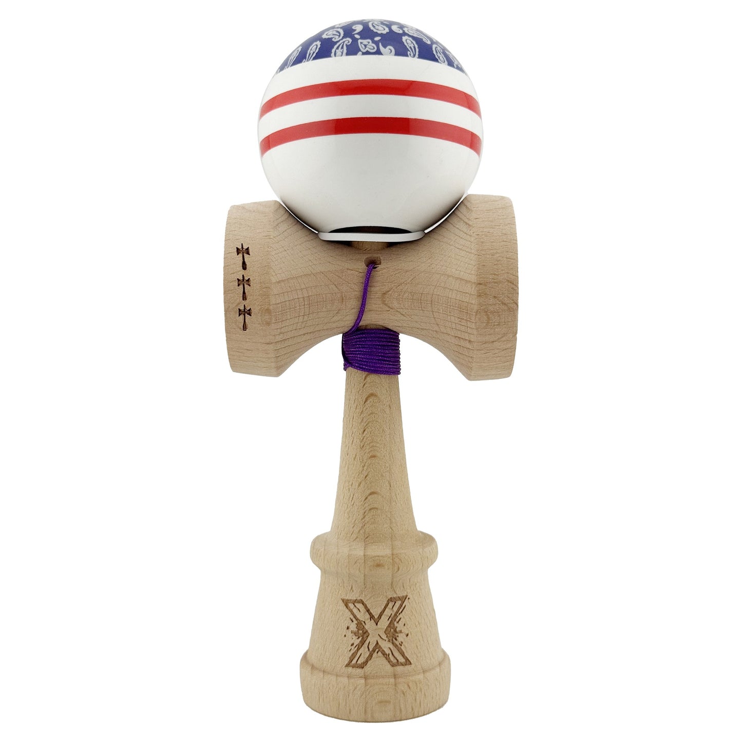 Kendama X Originala CHICANOS, Profesionala, Klevo, Cupe Mari KING SIZE V3, Super Sticky, Gaura in Baza, Rulment Metalic, din lemn 18 cm, Ata 62/65 cm, Mov/Alb