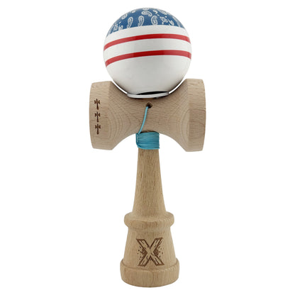 Kendama X Originala CHICANOS, Profesionala, Klevo, Cupe Mari KING SIZE V3, Super Sticky, Gaura in Baza, Rulment Metalic, din lemn 18 cm, Ata 62/65 cm, Albastru/Alb