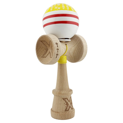 Kendama X Originala CHICANOS, Profesionala, Klevo, Cupe Mari KING SIZE V3, Super Sticky, Gaura in Baza, Rulment Metalic, din lemn 18 cm, Ata 62/65 cm, Galben/Alb