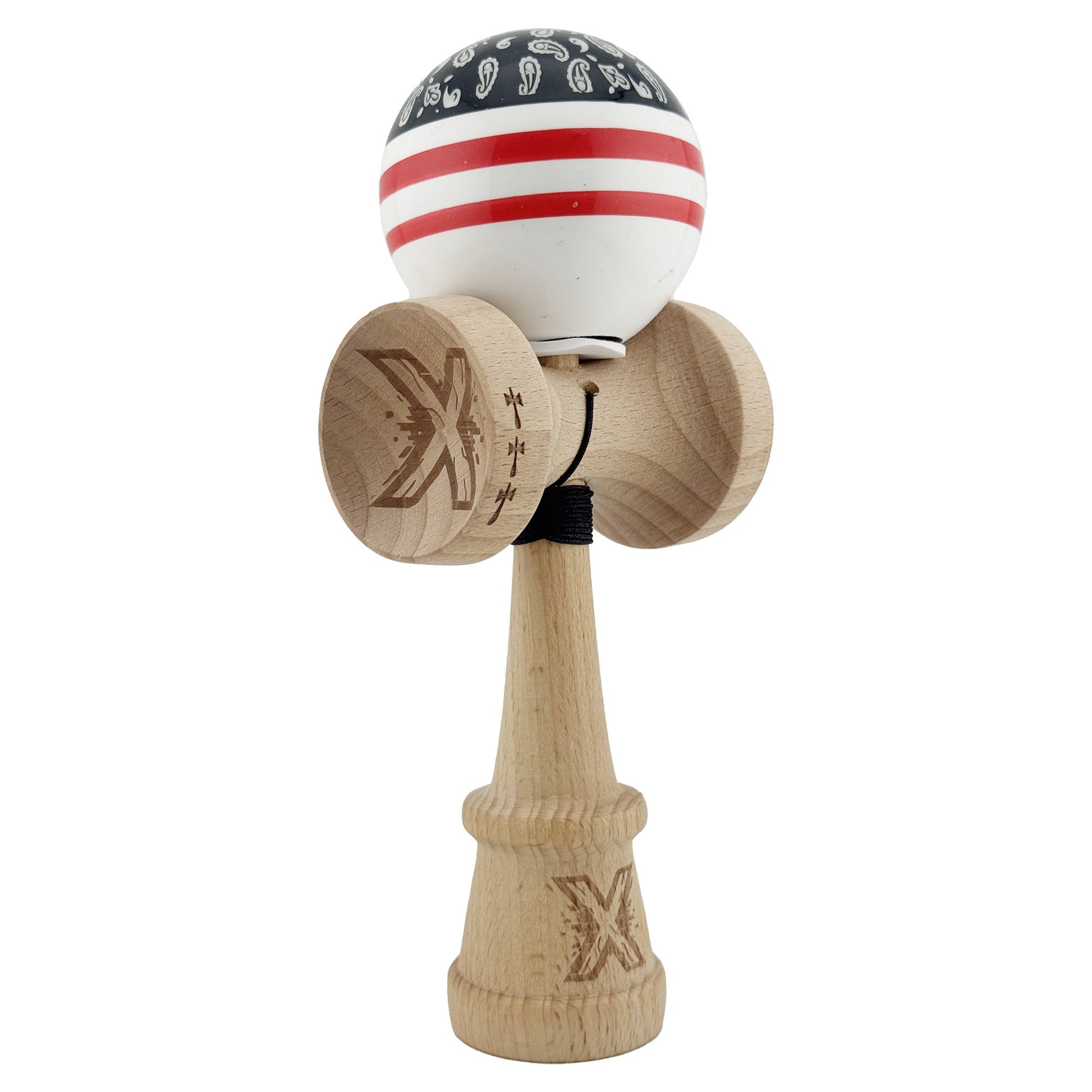 Kendama X Originala CHICANOS, Profesionala, Klevo, Cupe Mari KING SIZE V3, Super Sticky, Gaura in Baza, Rulment Metalic, din lemn 18 cm, Ata 62/65 cm, Negru/Alb