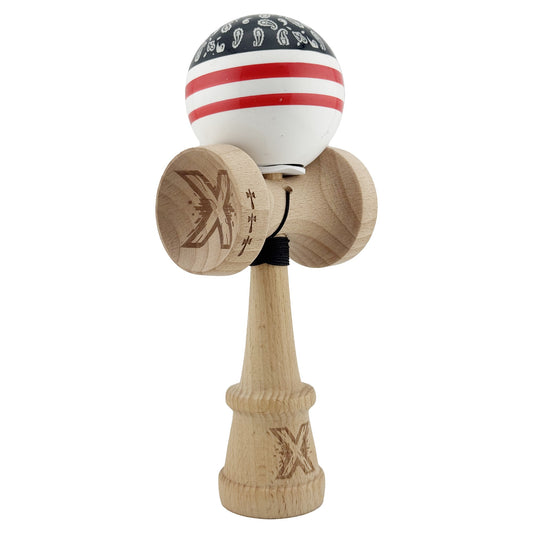 Kendama X Originala CHICANOS, Profesionala, Klevo, Cupe Mari KING SIZE V3, Super Sticky, Gaura in Baza, Rulment Metalic, din lemn 18 cm, Ata 62/65 cm, Negru/Alb
