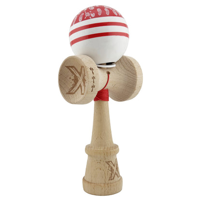 Kendama X Originala CHICANOS, Profesionala, Klevo, Cupe Mari KING SIZE V3, Super Sticky, Gaura in Baza, Rulment Metalic, din lemn 18 cm, Ata 62/65 cm, Rosu/Alb