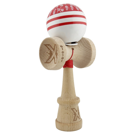 Kendama X Originala CHICANOS, Profesionala, Klevo, Cupe Mari KING SIZE V3, Super Sticky, Gaura in Baza, Rulment Metalic, din lemn 18 cm, Ata 62/65 cm, Rosu/Alb