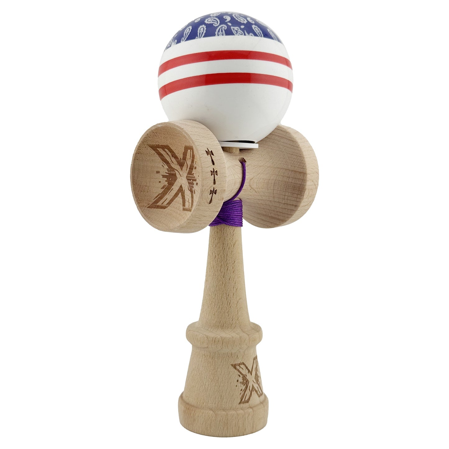 Kendama X Originala CHICANOS, Profesionala, Klevo, Cupe Mari KING SIZE V3, Super Sticky, Gaura in Baza, Rulment Metalic, din lemn 18 cm, Ata 62/65 cm, Mov/Alb