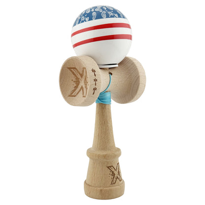 Kendama X Originala CHICANOS, Profesionala, Klevo, Cupe Mari KING SIZE V3, Super Sticky, Gaura in Baza, Rulment Metalic, din lemn 18 cm, Ata 62/65 cm, Albastru/Alb