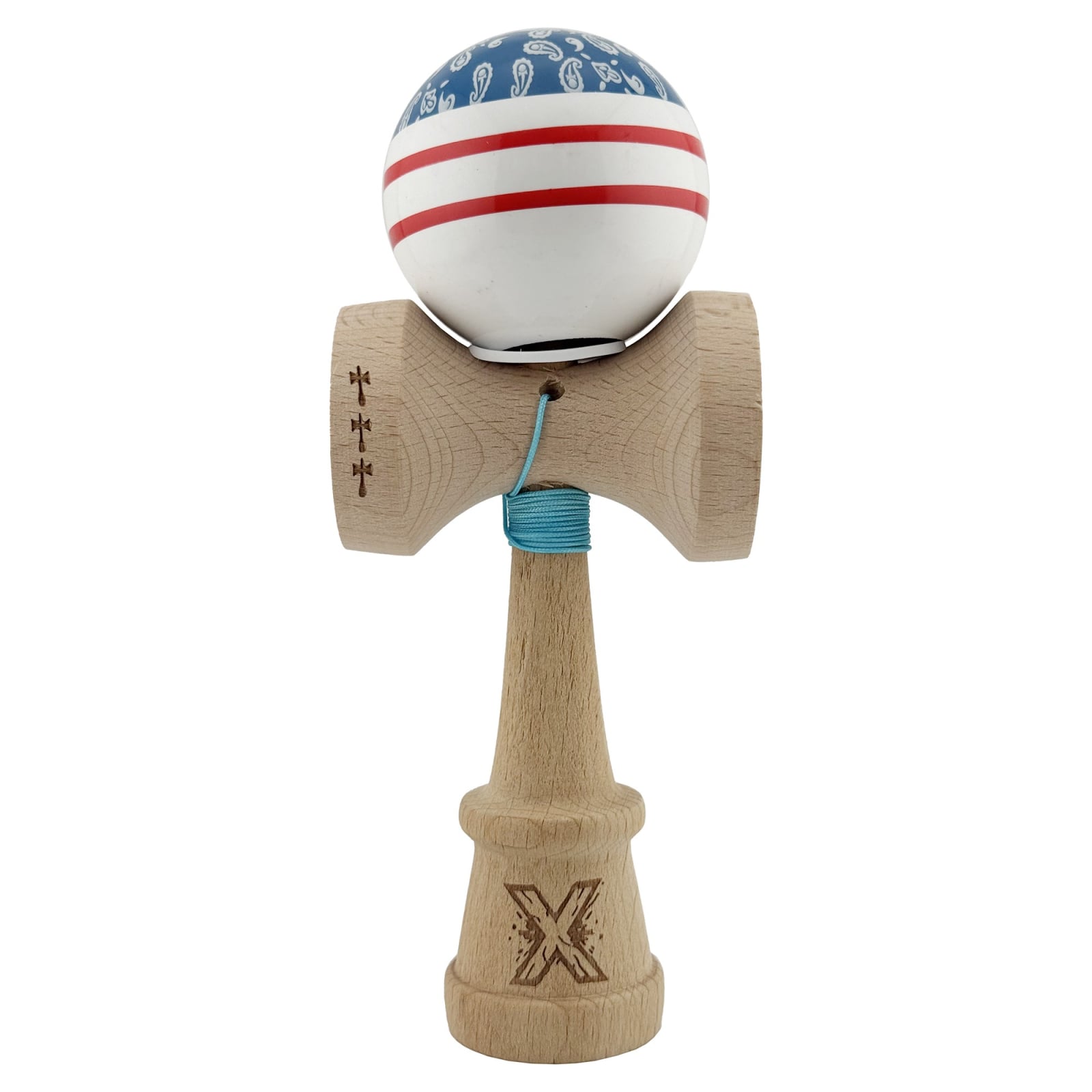 Kendama X Originala CHICANOS, Profesionala, Klevo, Cupe Mari KING SIZE V3, Super Sticky, Gaura in Baza, Rulment Metalic, din lemn 18 cm, Ata 55 cm, Albastru/Alb