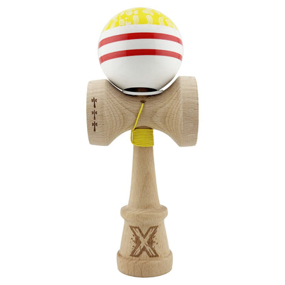 Kendama X Originala CHICANOS, Profesionala, Klevo, Cupe Mari KING SIZE V3, Super Sticky, Gaura in Baza, Rulment Metalic, din lemn 18 cm, Ata 55 cm, Galben/Alb