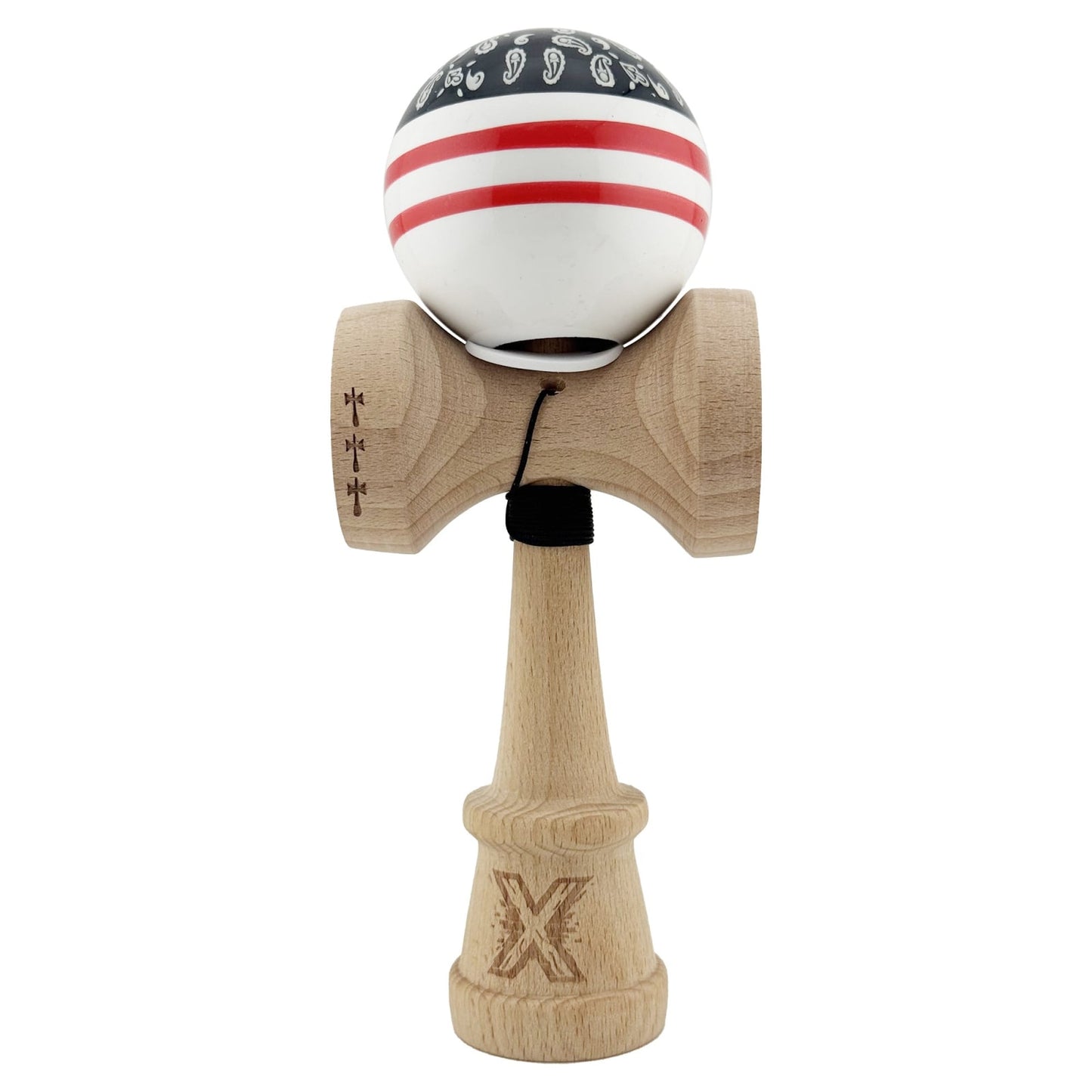 Kendama X Originala CHICANOS, Profesionala, Klevo, Cupe Mari KING SIZE V3, Super Sticky, Gaura in Baza, Rulment Metalic, din lemn 18 cm, Ata 55 cm, Negru/Alb