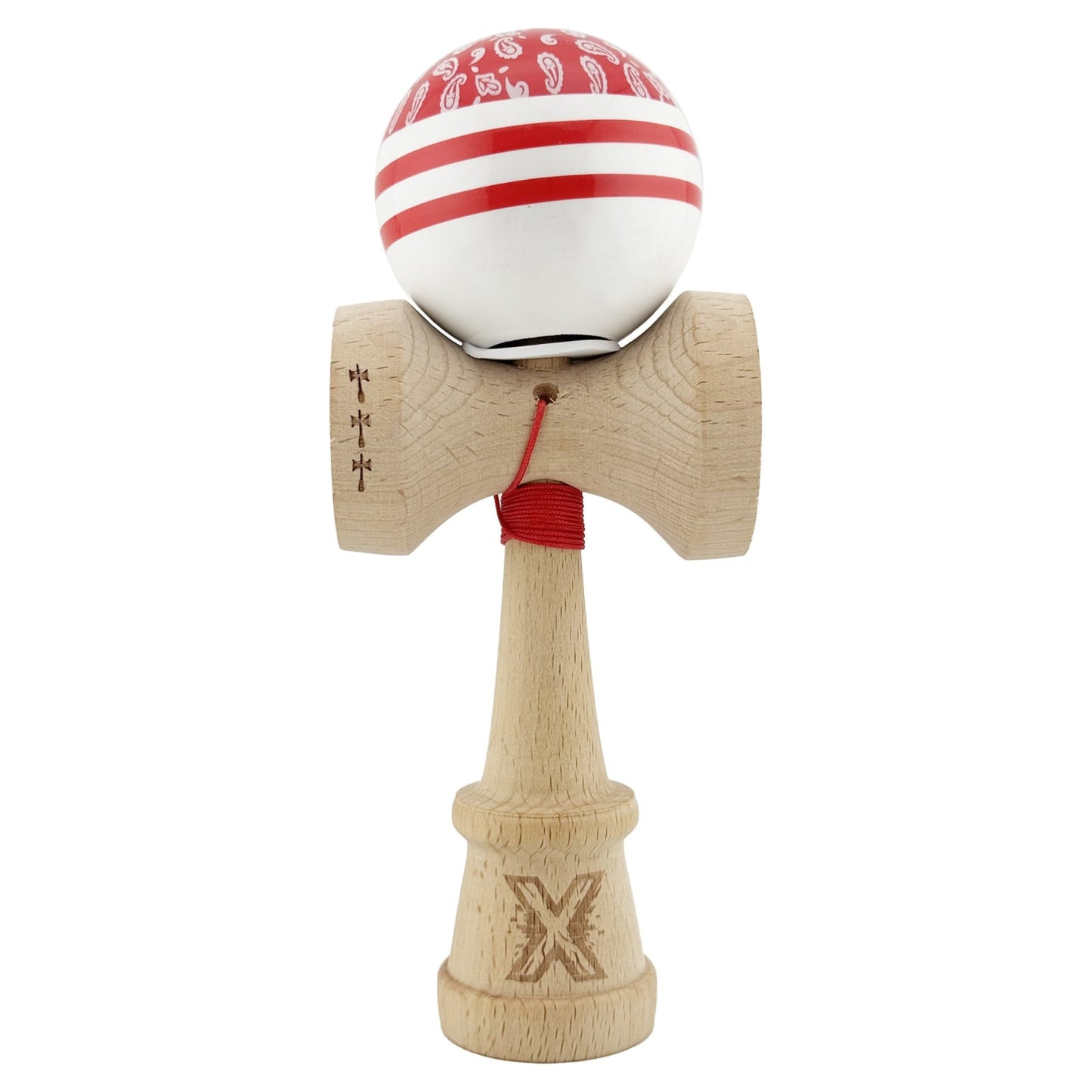 Kendama X Originala CHICANOS, Profesionala, Klevo, Cupe Mari KING SIZE V3, Super Sticky, Gaura in Baza, Rulment Metalic, din lemn 18 cm, Ata 55 cm, Rosu/Alb