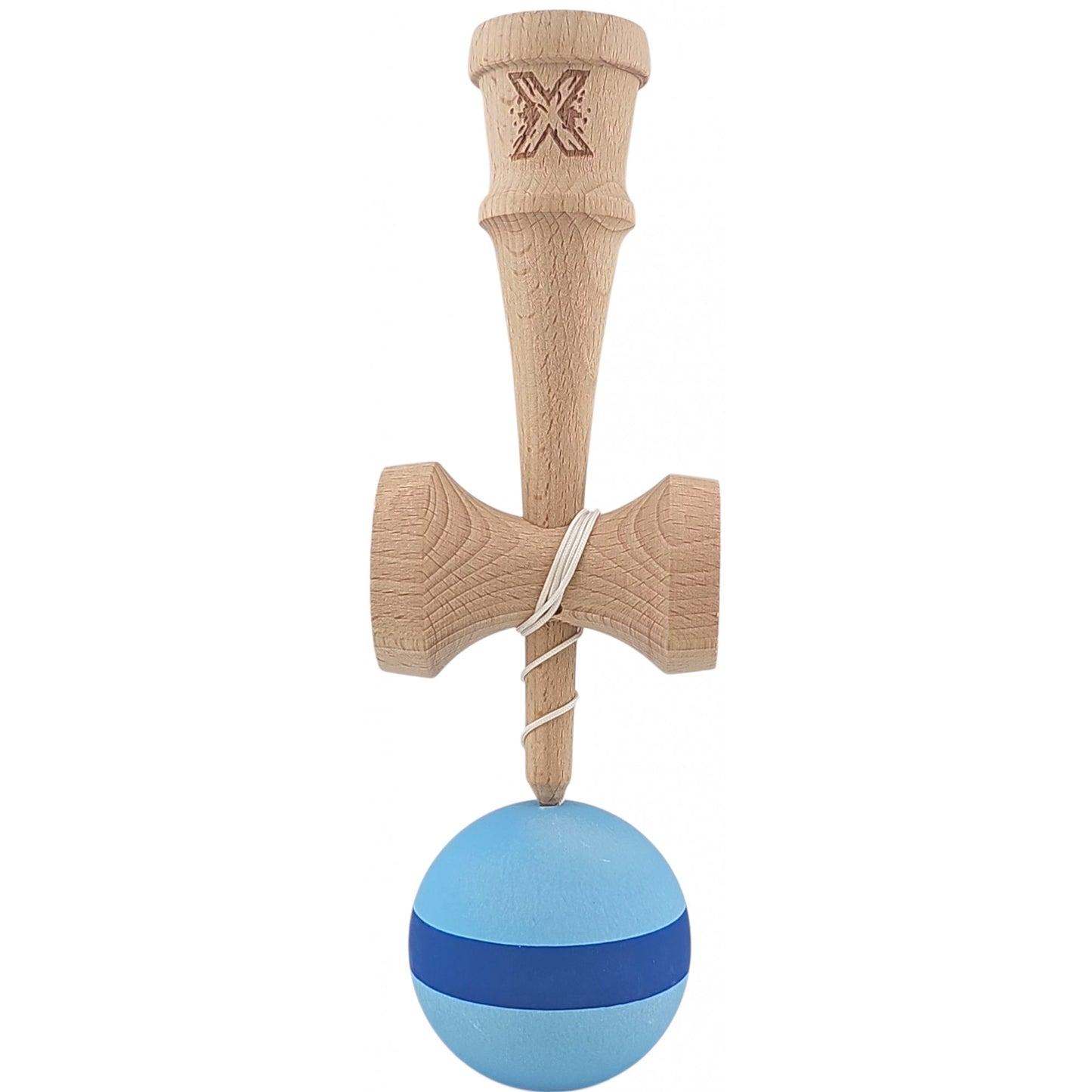 Kendama X Originala, Profesionala, Klevo, 18 cm din Lemn, Model cu Dunga, Bleu/Albastru
