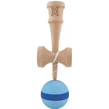 Kendama X Originala, Profesionala, Klevo, 18 cm din Lemn, Model cu Dunga, Bleu/Albastru