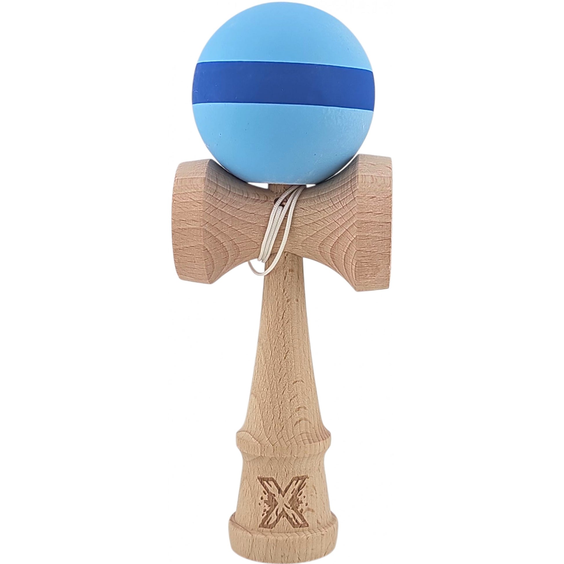 Kendama X Originala, Profesionala, Klevo, 18 cm din Lemn, Model cu Dunga, Bleu/Albastru