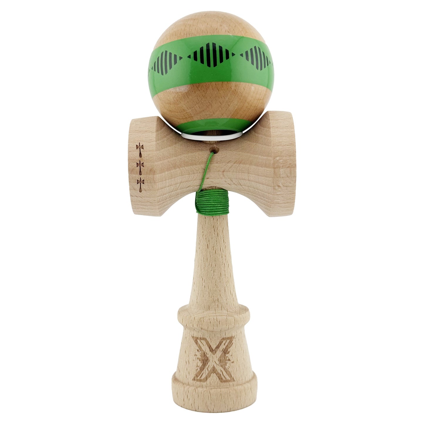 Kendama X Originala FREQUENCY, Profesionala, Klevo, Cupe Mari KING SIZE V3, Super Sticky, Gaura in Baza, Rulment Metalic, din lemn 18 cm, Ata 62/65 cm, Verde/Maro