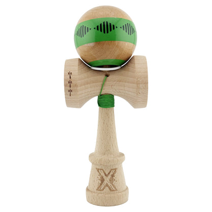 Kendama X Originala FREQUENCY, Profesionala, Klevo, Cupe Mari KING SIZE V3, Super Sticky, Gaura in Baza, Rulment Metalic, din lemn 18 cm, Ata 62/65 cm, Verde/Maro