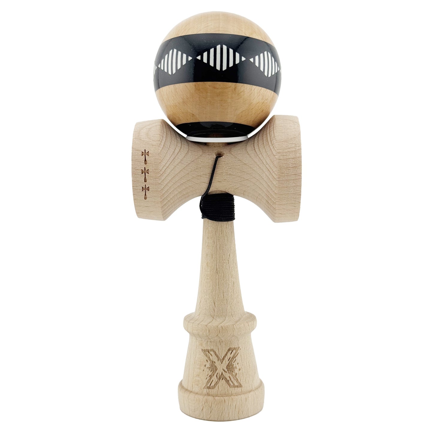 Kendama X Originala FREQUENCY, Profesionala, Klevo, Cupe Mari KING SIZE V3, Super Sticky, Gaura in Baza, Rulment Metalic, din lemn 18 cm, Ata 62/65 cm, Negru/Maro