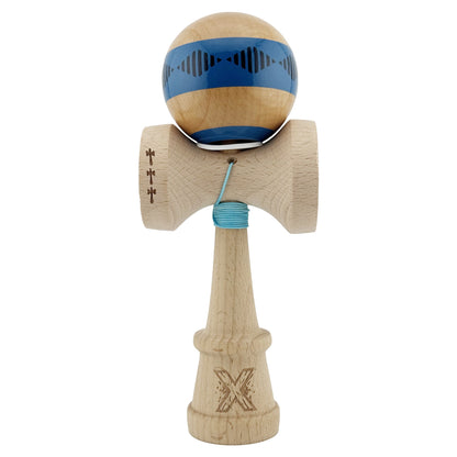 Kendama X Originala FREQUENCY, Profesionala, Klevo, Cupe Mari KING SIZE V3, Super Sticky, Gaura in Baza, Rulment Metalic, din lemn 18 cm, Ata 62/65 cm, Albastru/Maro