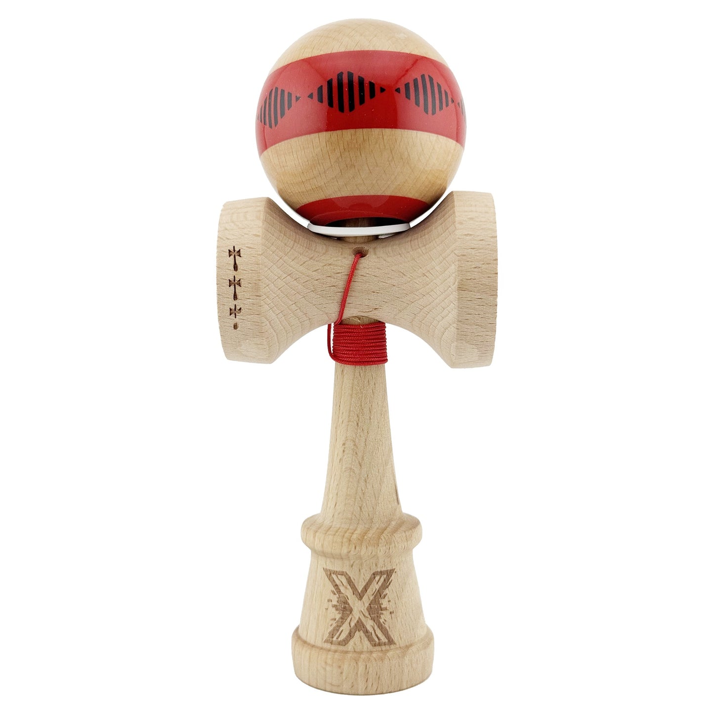 Kendama X Originala FREQUENCY, Profesionala, Klevo, Cupe Mari KING SIZE V3, Super Sticky, Gaura in Baza, Rulment Metalic, din lemn 18 cm, Ata 62/65 cm, Rosu/Maro
