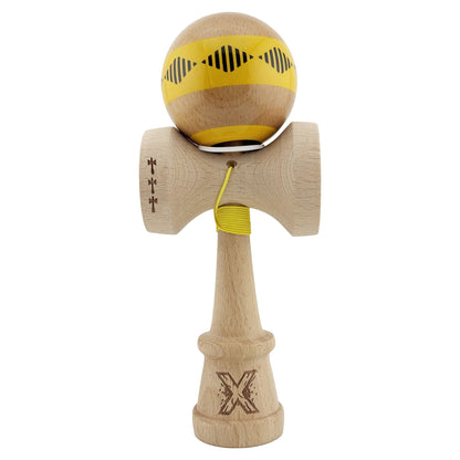 Kendama X Originala FREQUENCY, Profesionala, Klevo, Cupe Mari KING SIZE V3, Super Sticky, Gaura in Baza, Rulment Metalic, din lemn 18 cm, Ata 62/65 cm, Galben/Maro
